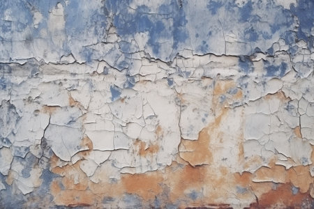 Generative AI : Detail of old wall texture with scraps of flaking paint layers grunge background selesctive focusの素材