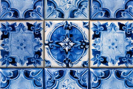 Generative AI : Detail of old distressed portuguese azulejos worn out traditional tiles with vintage geometric patternsの素材