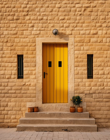 Generative AI : Old whitewashed lime wall with yellow skirting board traditional architecture in La Mancha Spainの素材