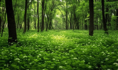 Generative AI : Green spring in deciduous woodland with ivy floorの素材