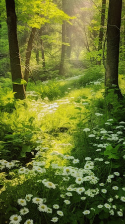 Generative AI : Wild bears garlic flowering in the springtime woodlandの素材