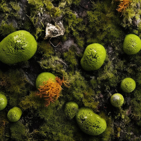 Generative AI : green moss and autumn leaves backgroundの素材