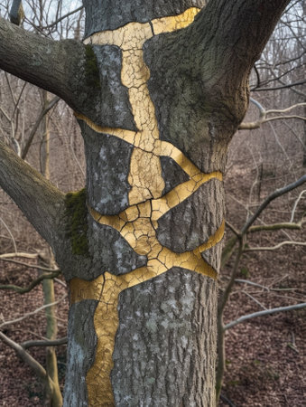 Generative AI : white and yellow trail sign on a tree trunkの素材