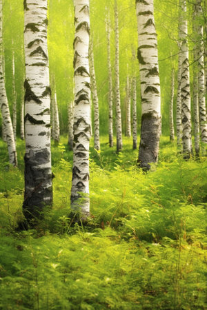 Generative AI : Birch tree fallen leaves on the green forest mossの素材