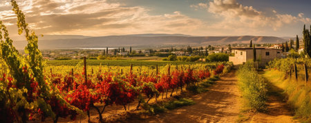 Generative AI : Autumnal vineyard in La Mancha with a bombo on the backgroundの素材