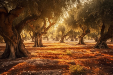Generative AI : Old olive trees at sunsetの素材