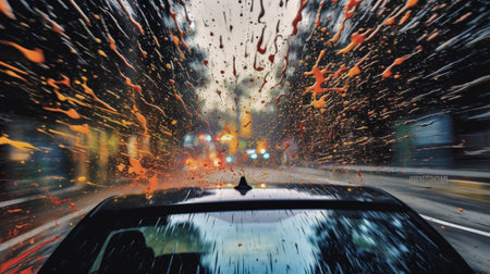 Generative AI : Driving with rain bad visibility slippery road droplets on the car windhield abstract backgroundの素材