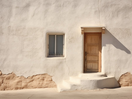 Generative AI : Old whitewashed lime wall with beige skirting board traditional architecture in La Mancha Spainの素材