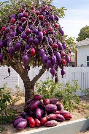 Generative AI : Runner beans Phaseolus coccineus plant with ripe purple colored pods and green foliageの素材