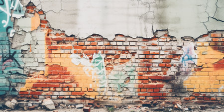 Generative AI : Old brick wall with scraps of cement render and graffiti paint urban art grunge backgroundの素材