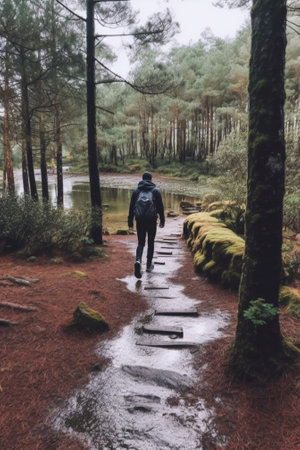 Generative AI : young man walking alone on a path in the legendary Paimpont Forest Broceliande Brittany Franceの素材