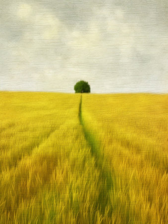 Generative AI : sunny landscape in a yellow wheat field textured photographの素材