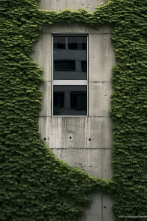 Generative AI : detail of a building with a green brickwall with plant and a sollar panel in the background vertical photographの素材