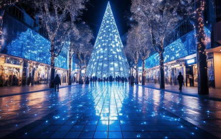 Generative AI : Traditional christmas tree with led lights in the streets of Vigoの素材
