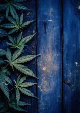 Generative AI : Cannabis green leaves on dark wooden backdropの素材