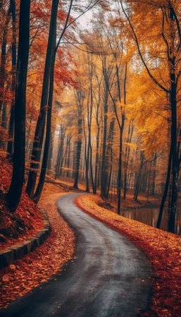 Generative AI : A road in deciduous forest with autumnal colorsの素材