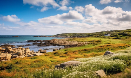 Generative AI : Cies Islands panorama fron Monte das Figueiras in Monteagudo Island Islas Cies Atlantic Islands of Galicia National Park Pontevedra Spainの素材