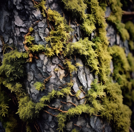 Generative AI : European beech Fagus sylvatica bark covered with moss and lichensの素材