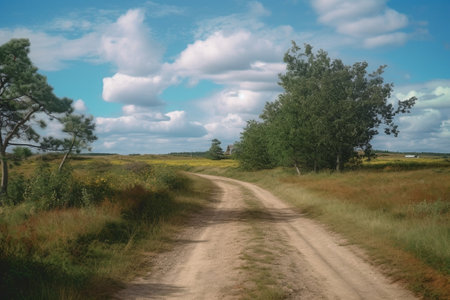 Generative AI : Dirt road in the green countrysideの素材