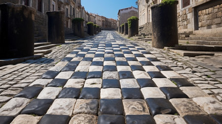 Generative AI : Granite milestones in Via XVIII roman road between Braga and Astorga Parque Natural Baixa LimiaSerra do Xures Galicia Spainの素材