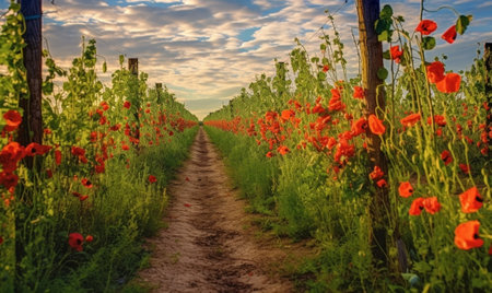 Generative AI : Ecologic vineyard springtime landscape with red poppy flowers blooming in La Mancha Spainの素材
