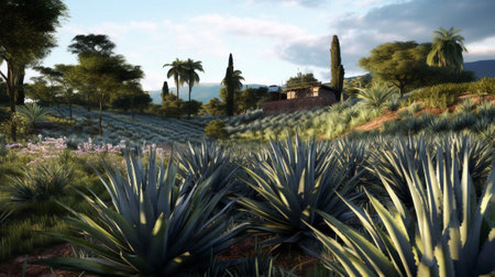 Generative AI : Plantation of aloe vera with flowers bloomingの素材