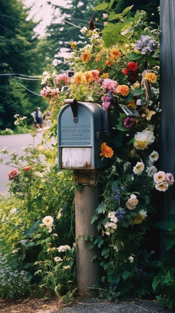 Generative AI : old green postbox with number 200 among the greenary in a gardenの素材