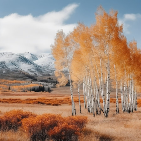 Generative AI : Autumn colours in the mountain with white birch trees Betula alba on autumnal yellow foliageの素材