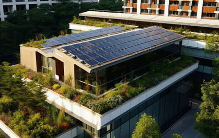 Generative AI : sustainable building green brickwall with plants and solar panels in the roofの素材