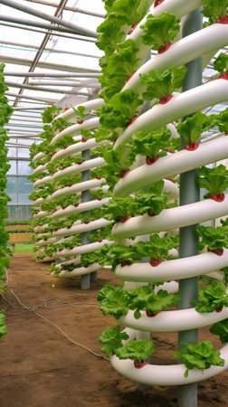 Generative AI : Growing green leafy legetables in a plastic hothouseの素材