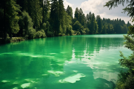Generative AI : Green natural scenery by a lakeの素材