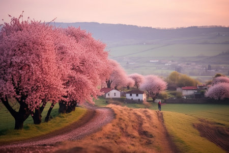 Generative AI : Springtime cherry blossoms landscape in Valle del Jerte Extremadura Spainの素材