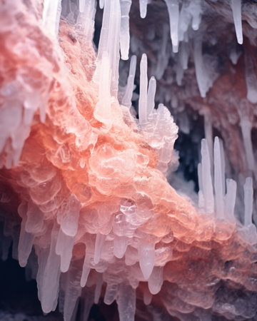 Generative AI : Icicle formations covering the mountain rock and mountain vegetationの素材