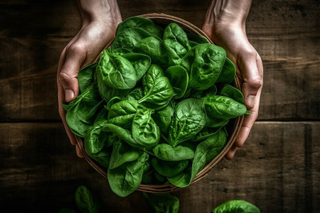 Generative AI : Farmer hand harvesting green spinach leavesの素材