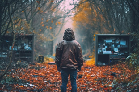 Generative AI : Lonely person walking in the woodsの素材