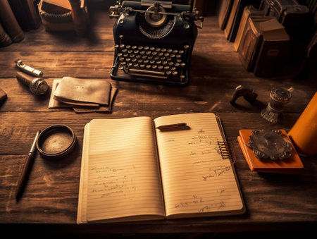 Generative AI : Vintage desk detail with blank note pad pencil and vintage typewriperの素材