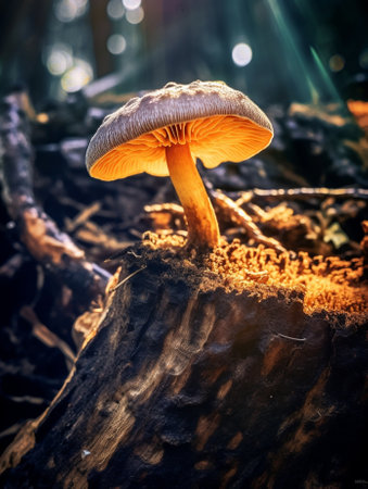 Generative AI : Wild mushrooms growing in a dead piece of woodの素材