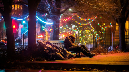 Generative AI : Urban christmas decoration with giant snowman made with led lights in Vigo Spainの素材