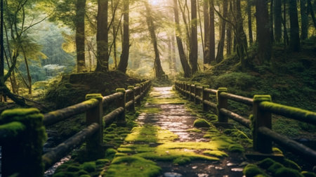 Generative AI : inviting path with bridge in the sonian forestの素材