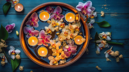 Generative AI : tibetan bowl with buttercup flowers floating in itの素材