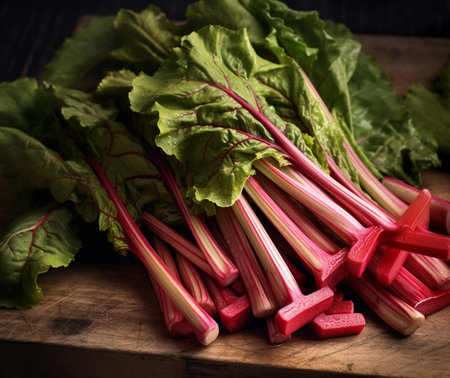 Generative AI : Chopped rhubarb stalks bowl on the kitchen tableの素材