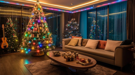 Generative AI : Decorative led lights thread on christmas treeの素材