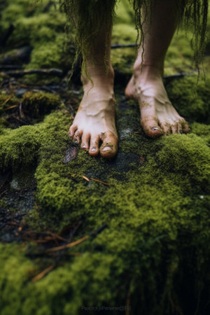 Generative AI : Forest close up with green moss on the foot of a treeの素材