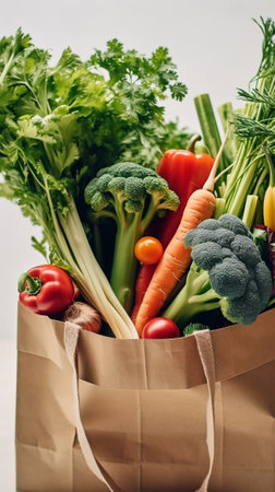 Generative AI : Fresh vegetables in the ecofriendly hessian frabric shopping bag containing healthy food like tomatoes beetroot greens leak and other greensの素材