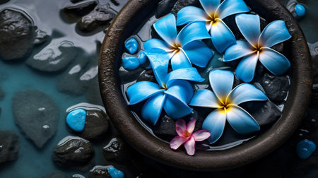 Generative AI : Detail of singing bowl with small blue wild flowes floatingの素材