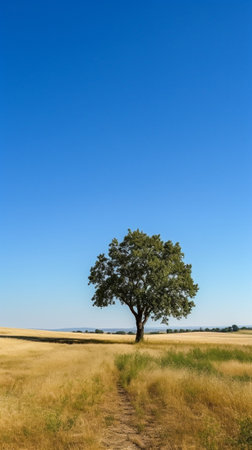 Generative AI : Holm oak in green sown field in La Mancha Spainの素材