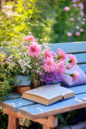 Generative AI : Old opwn book on garden wooden tableの素材