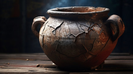 Generative AI : Old distressed terracota clay pottery vessel detail worn out background or textureの素材