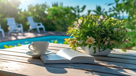 Generative AI : Reading outside with a cup of coffee open book on the garden wooden table green background copy spaceの素材