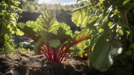 Generative AI : Rhubarb plant growing in the kitchen gardenの素材